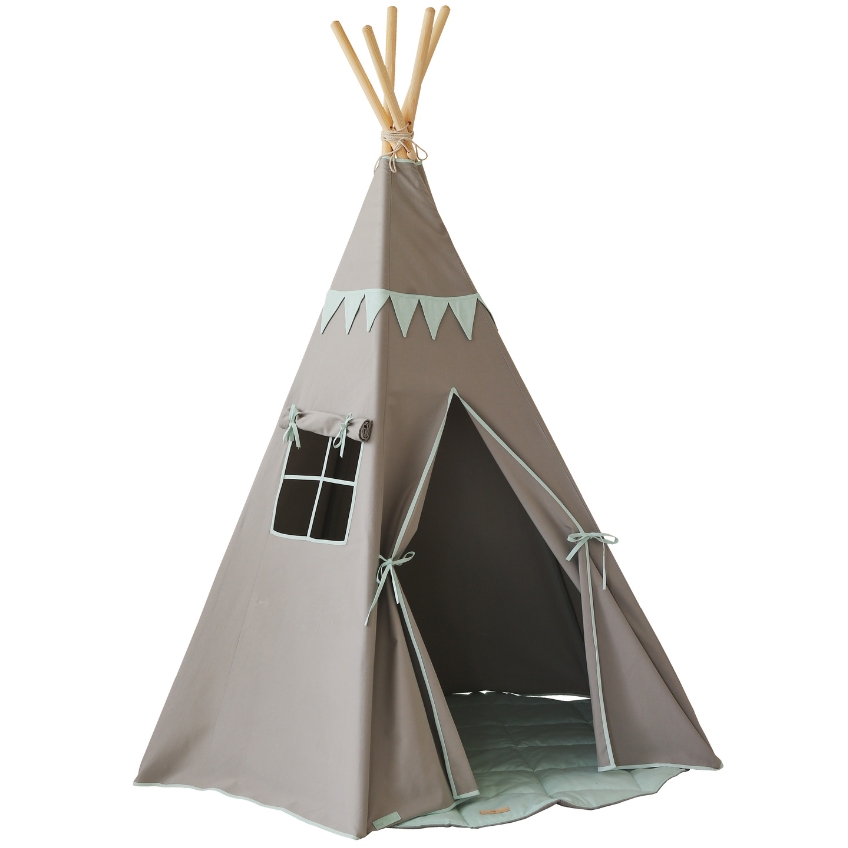 Moi Mili Šedý bavlněný teepee stan s girlandou Mint Love 170 x 130 cm Moi Mili