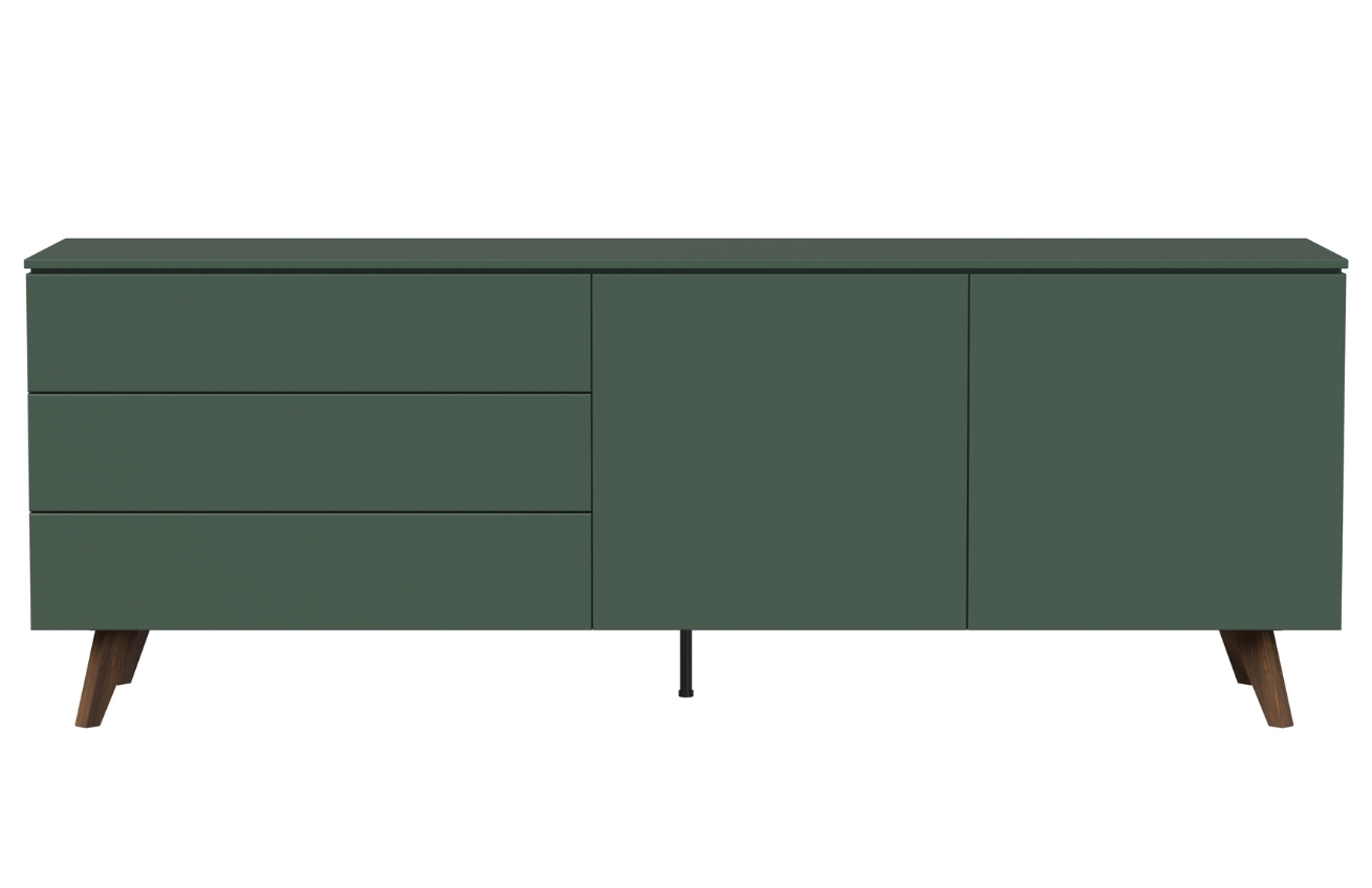 Zelená lakovaná komoda Tenzo Plain 210 x 45 cm s dřevěnou podnoží Tenzo